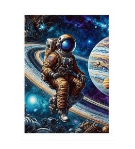 Astronot Ve Satürn Hediyelik Ahşap Tablo, 50cm x 70cm