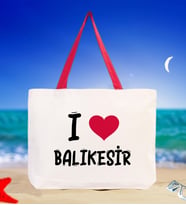 BK Gift I Love Balıkesir Renkli Kulp Kanvas Plaj Çantası 48x40m, Baskılı Omuz Çantası, Alışveriş Çantası (Kırmızı)