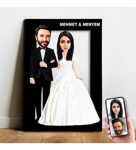 Karikatür Sevgili, Çift,Gelin Damat, Evli Tablo Hediye Model-9