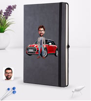 BK Gift Kişiye Özel Plakalı Erkek Mini Cooper Karikatürlü Siyah Termo Deri Defter 16x24cm Model 1