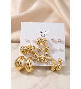 Gold Renk Metalik Kaplamalı Fiyonk Detaylı CCB 9 Çift Küpe Seti TJ-BKP12102