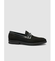 %100 Hakiki Deri Süet Siyah Toka Detaylı Erkek Loafer (Siyah Süet)