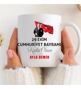 29 Ekim Cumhuriyet bayramına ve kişiye özel çift taraf baskılı kupa bardak Atatürk temalı