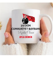 29 Ekim Cumhuriyet bayramına ve kişiye özel çift taraf baskılı kupa bardak Atatürk temalı