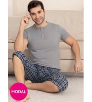 Erkek Bisiklet Yaka 3 Düğmeli Ekose Desen Modal Kısa Kol Cepli Kapri Pijama Takımı (Gri)