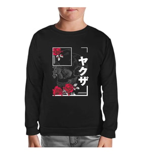 Japanese Quote and Flowers over a Skull Siyah Çocuk Sweatshirt