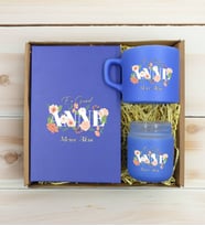 BK Gift Kişiye Özel İsimli DTF Anne Temalı Mavi Defter & Kahve Fincanı & Mum Hediye Seti-4, Anneye Hediye, Anneler Günü Hediyesi