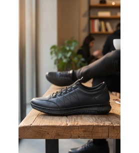 Enoch Hakiki Deri Lacivert Zikzak Dikişli Erkek Sneaker Ayakkabı Ortopedik Taban