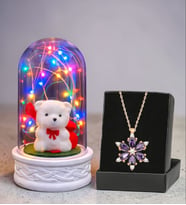 Renkli Led Işıklı Beyaz Ayıcıklı Fanus ve Gerçek Ametist Taşlı Lotus Kolye