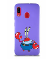Samsung Galaxy A20 Soft Premier Kapak Bay Yengeç Tasarımlı Silikon Kılıf - Mor (Şeffaf)