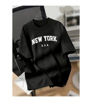 New York Baskılı Oversize Bisiklet Yaka T-shirt - Siyah