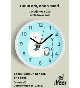 İsme Özel Sevimli Ayı ile Penguen Çocuk Odası Duvar Saati Orta Boy 30 cm Beyaz Camlı Sessiz