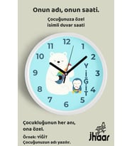 İsme Özel Sevimli Ayı ile Penguen Çocuk Odası Duvar Saati Orta Boy 30 cm Beyaz Camlı Sessiz