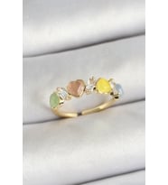 pilelistore Pirinç Sıralı Kalp Figürlü Zirkon Taşlı Gold Renk Ayarlanabilir Kadın Yüzük - TJ-BYK3754