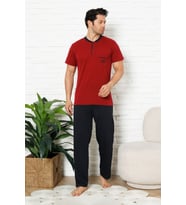 Erkek %100 Pamuklu Pijama Takımı-3 Düğmeli-Yaka Cepli 12384 ENİSENA (Bordo)