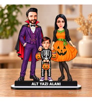 Kişiye Özel Fotoğraflı 3 Kişilik Halloween Aile Karikatürlü 18 cm MDF Masaüstü Biblo - Aile Hediyesi Anne Baba ve Aileye Hediye