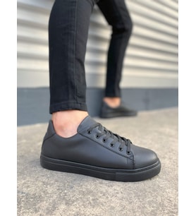 Siyah Mode Bağcıklı Cilt Erkek Günlük Sneaker Ayakkabı