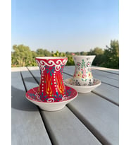 Dekoratif 2 Kişilik Şık Lale Çini Tasarımlı Tamamen El Yapımı Çay Bardağı Seti