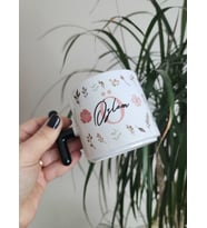 İsme Özel Kişiye Özel Porselen Pastel Renkli Çiçek ve Yaprak Desenli T Kupa Bardak Latte Fincanı