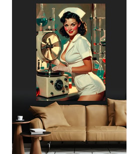 Nostaljik Pin-Up Hemşire Portresi Dekoratif Kanvas - Mdf Ahşap Tablo