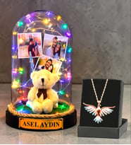 Kişiye Özel Renkli Led Işıklı Fanus ve Renkli Zümrüdü Anka Kuşu Kolye (Model 2)