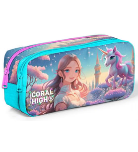 Coral High Kız Çocuk Turkuaz Prenses ve Unicorn Baskılı Okul Kalem Çantası - İki Gözlü