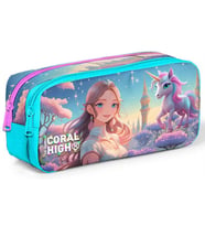 Coral High Kız Çocuk Turkuaz Prenses ve Unicorn Baskılı Okul Kalem Çantası - İki Gözlü