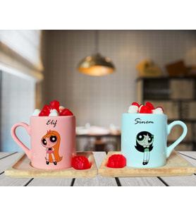 Power Puff Blossom & Buttercup Arkadaş Çift Tasarımlı Pembe & Yeşil Ahşap Tabaklı Kişiye Özel Türk Kahvesi Fincanı Seti
