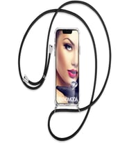 Teknomoda Apple iPhone 13 Uyumlu Kılıf Boyun - Omuz Askılı Köşe Korumalı Siyah Ipli Şeffaf Silikon