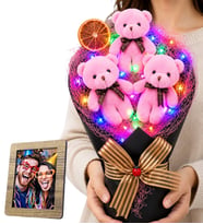 Kişiye Özel Fotoğraflı Tasarım Pembe Peluş Ayıcık Buketi - Renkli LED Işıklı Ayıcık Buketi