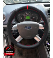 Ford Fiesta Mk5 Dikme Direksiyon Kılıfı Alcantara Süet Mat Karbon Kırmızı Yüzük ve Dikiş 2006-2008
