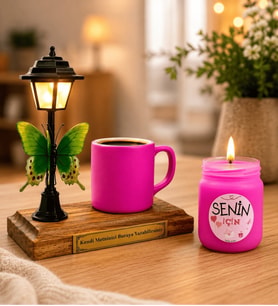 Kişiye Özel Yazılı Sokak Lambalı Türk Kahvesi Fincanı ve Kokulu Mum (Pembe Seri)