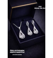 925 Ayar Damgalı Gümüş Kaplama Gümüş Işıltılı Modern Damla Tasarım Kolye & Küpe Takı Seti