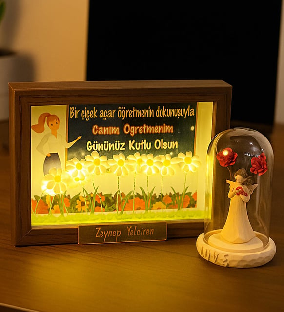 ÖĞRETMENLER GÜNÜ HEDİYESİ Kişiye Özel 3D Işıklı Bahçe Dekoratif Fotoğraf Çerçevesi & Melek Fanus