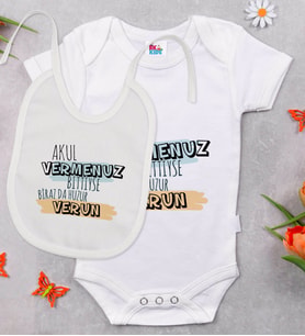 BK Kids Akul Vermenuz Bittiyse Tasarımlı Beyaz Bebek Body Zıbın ve Mama Önlüğü Hediye Seti-1