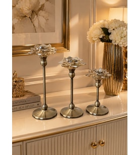 3'lü Metal Ayaklı Lotus Kristal Cam Şamdan Mumluk Seti (29 cm - 24 cm - 19 Cm) - Dekoratif Nilüfer Çiçeği