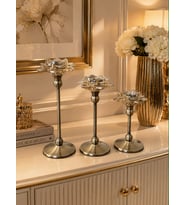 3'lü Metal Ayaklı Lotus Kristal Cam Şamdan Mumluk Seti (29 cm - 24 cm - 19 Cm) - Dekoratif Nilüfer Çiçeği