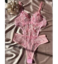 Pembe Kalp Desenli Transparan Dantel Body Takım- 75B