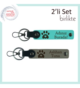 Hayvan Dostluğunu Anlatan Kişisel Armağan, Kalpli Pati Temalı Deri Anahtarlık Takım, Turkuaz-Kül Gri
