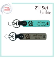 Hayvan Dostluğunu Anlatan Kişisel Armağan, Kalpli Pati Temalı Deri Anahtarlık Takım, Turkuaz-Kül Gri