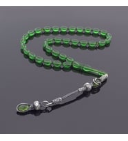 Gümüş Kazaz Püsküllü Yeşil Sıkma Kehribar Taşlı Tesbih