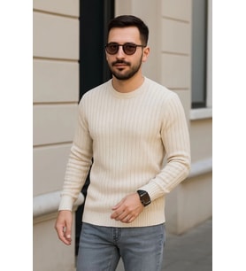 Erkek Bisiklet Yuvarlak Yaka Triko Kazak Pamuklu Kalın Fitilli Dokuma, Regular Fit Uzun Kollu Kışlık