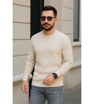 Erkek Bisiklet Yuvarlak Yaka Triko Kazak Pamuklu Kalın Fitilli Dokuma, Regular Fit Uzun Kollu Kışlık