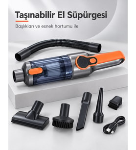 Şeffaf Toz Hazneli Gri Turuncu El Süpürgesi Temizlik Başlıkları ve USB Şarj Kablolu