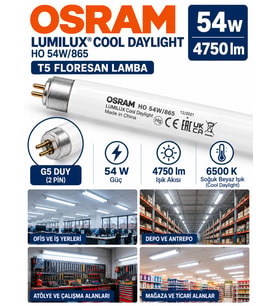 (1 Adet) Osram 54W 865 Beyaz (6500K) G5 Duylu T5 Floresan