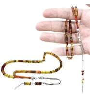 Ateş Kehribar Tesbih - 925 Ayar Gümüş Püsküllü - Mini Boy - Sarı Kırmızı Renk - Kesme Kesim