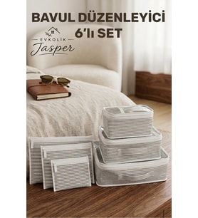 Jasper 6'lı Valiz Bavul Düzenleyici Seyahat Çantası Organizer Hurç Set Fermuarlı Gri Çizgi