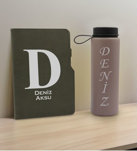 BK Gift Kişiye Özel İsimli Mat Gri Termo Deri Defter ve Cam Matara Hediye Seti-5, Sevgiliye Hediye, Arkadaşa Hediye, Yeni İş Hediyesi