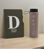 BK Gift Kişiye Özel İsimli Mat Gri Termo Deri Defter ve Cam Matara Hediye Seti-5, Sevgiliye Hediye, Arkadaşa Hediye, Yeni İş Hediyesi