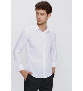 Beyaz Uzun Kol Düz Bez Ayağı Sert Yaka Cepsiz Pamuklu Basic Slim Fit Gömlek 1004250057_600